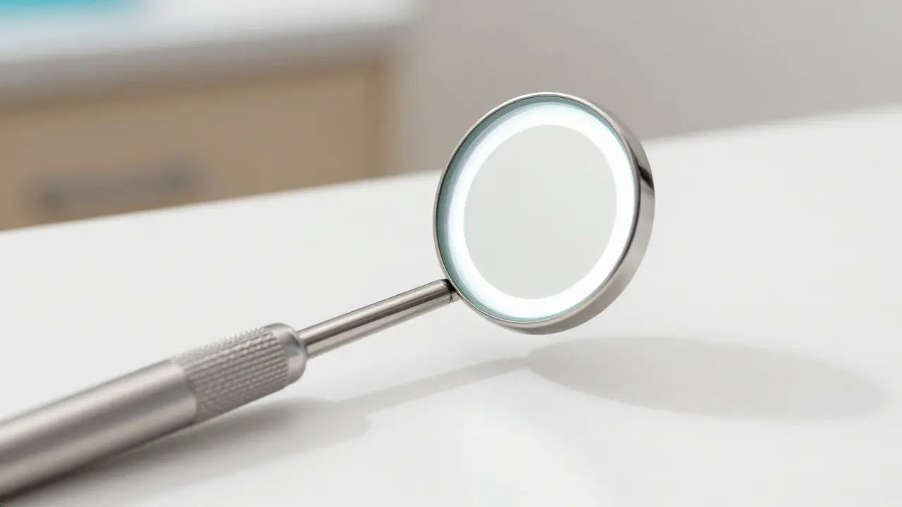 Detail kovového zubního zrcátka s gumovou rukojetí a osvětlením.