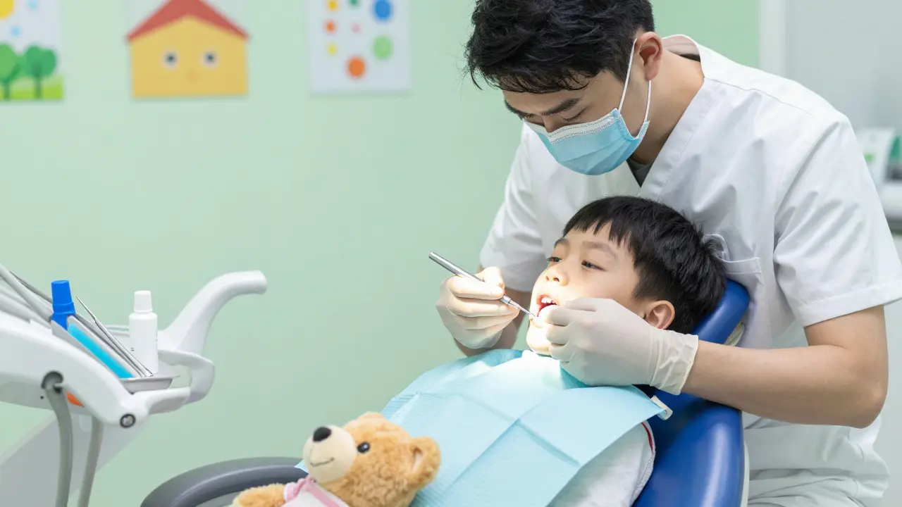 Dětský zubař aplikuje fluoridový lak během pravidelné kontroly.