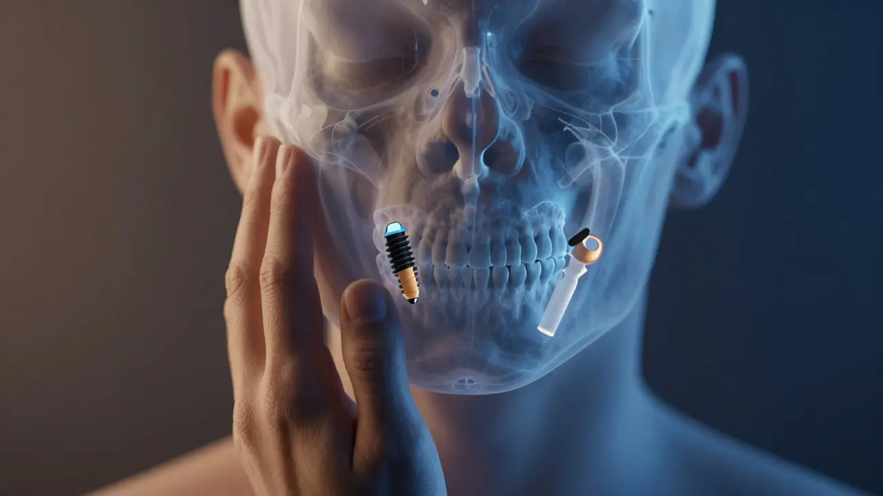 Digitální 3D přehled zdravé a degradované kosti kolem zubního implantátu