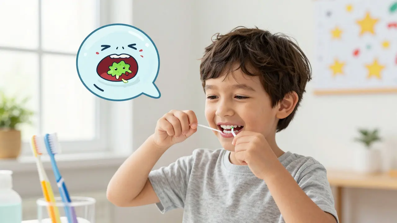 Dítě používá zubní nit jako hru, odstraňuje plak mezi zuby.