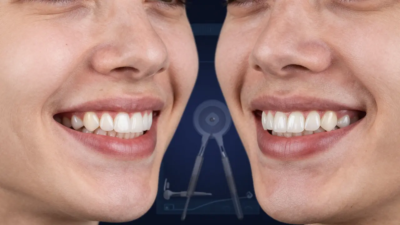 Dvě srovnávací verze úsměvu: přirozený a vylepšený keramickými fazetami.