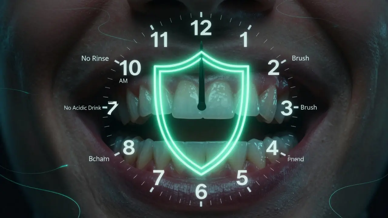 Hodiny překryté ústními čelistmi s označenými kroky péče o zuby a zelenou ochrannou štítem