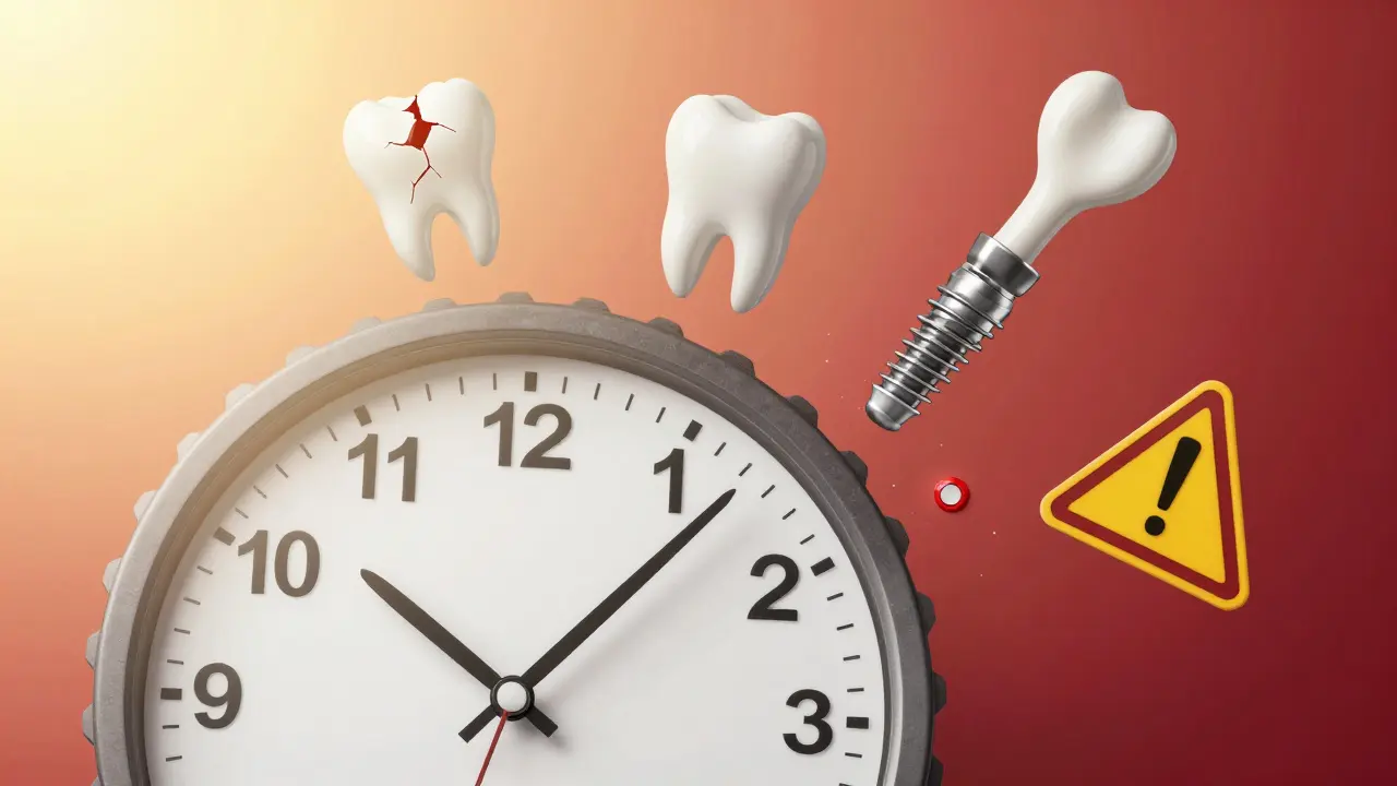 Hodiny s zuby jako ručičkami, symbolizující čas a důsledky ignorování tlaku v zubu.