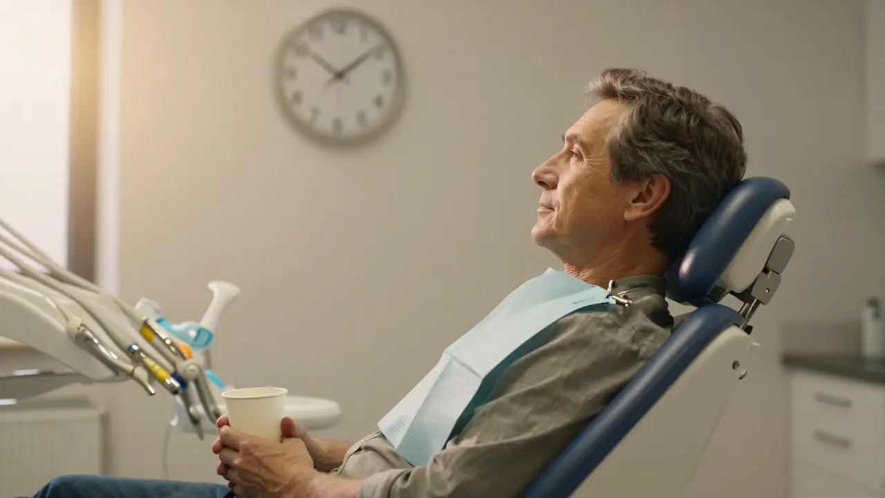 Klidný pacient v ordinaci při měření času ošetření.