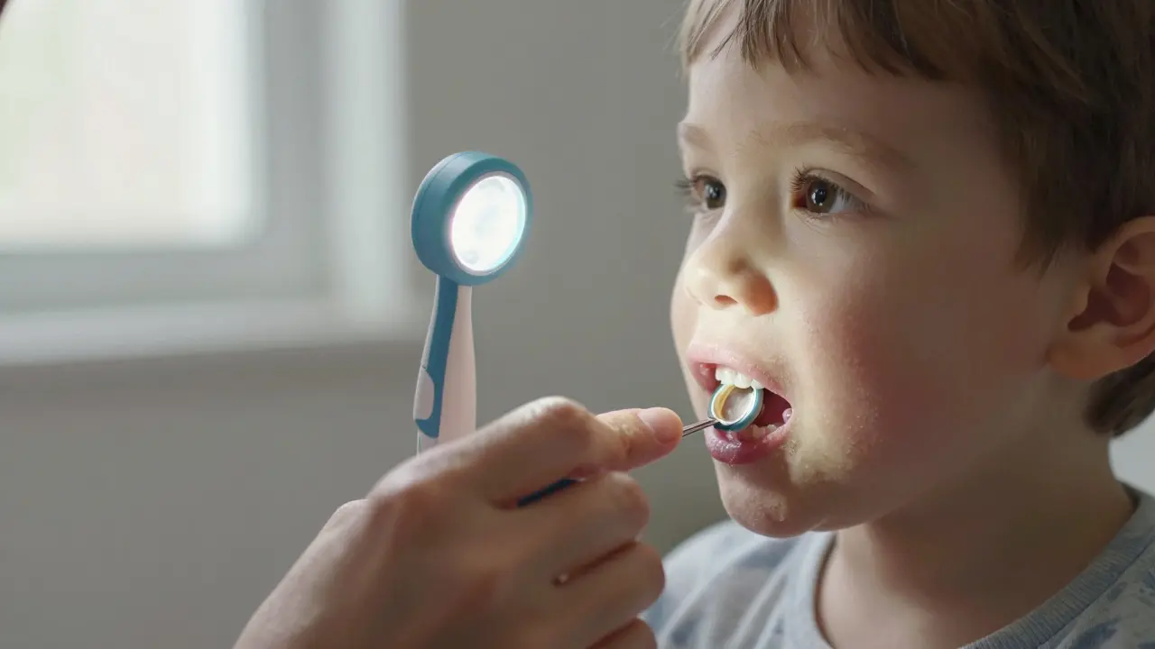 Kontrola zadních stoliček dítěte pomocí profesionálního nástroje.