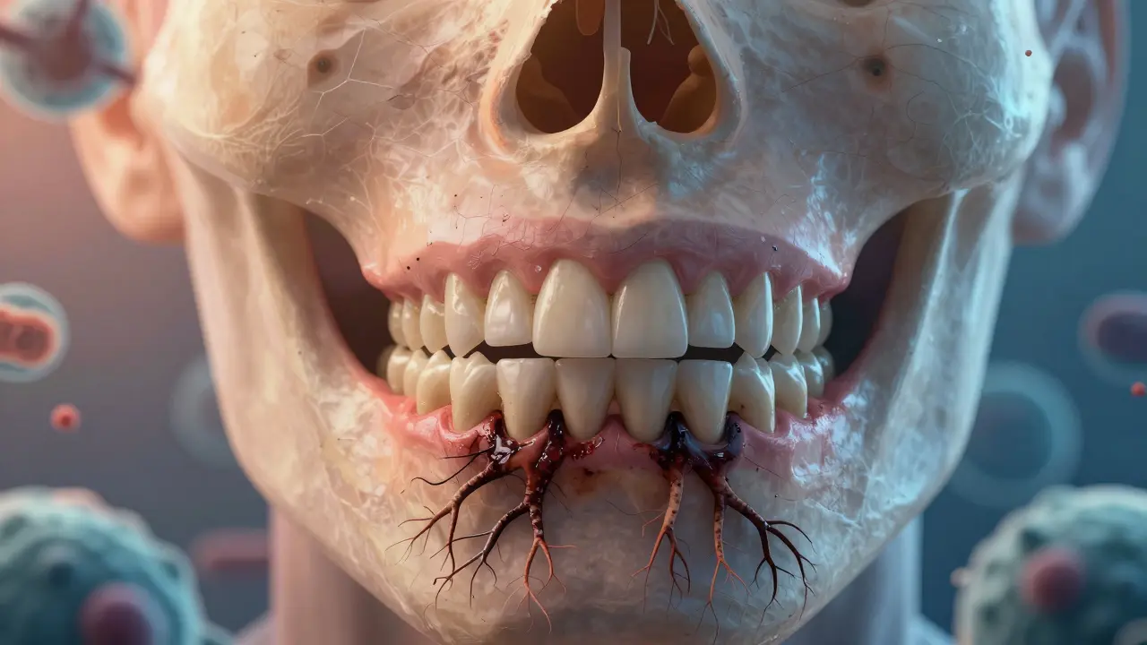 Kost v čelisti se rozpadá kvůli dlouhodobému zánětu způsobenému zubním kamenem.