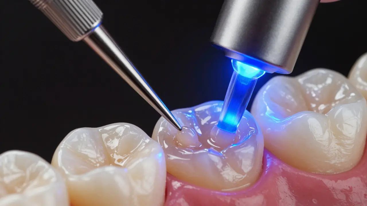 Makro záběr nanášení vrstev plomby pod modrým světlem.