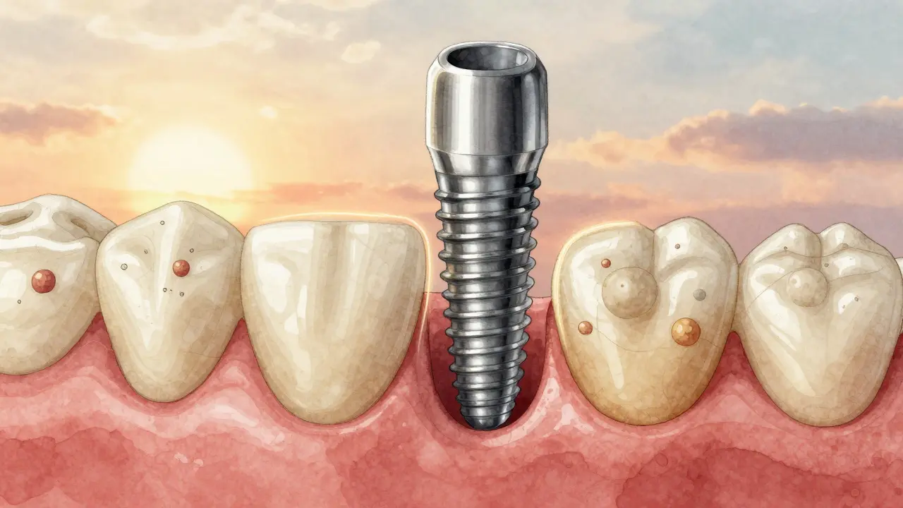 Mikroskopický pohled na zubní implantát spojený s kostí čelisti.