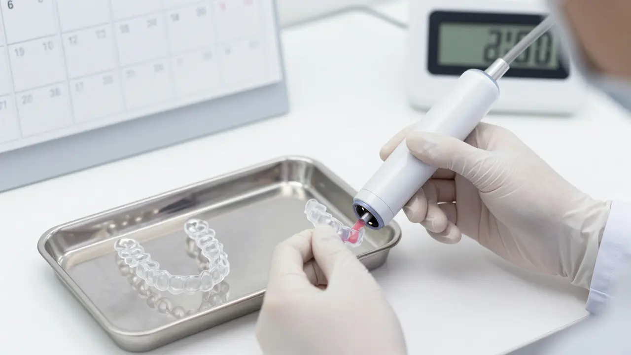 Ortodont používá digitální skener k kontrolě zarovnání zubů s jasně viditelnými rovnátky na stole.