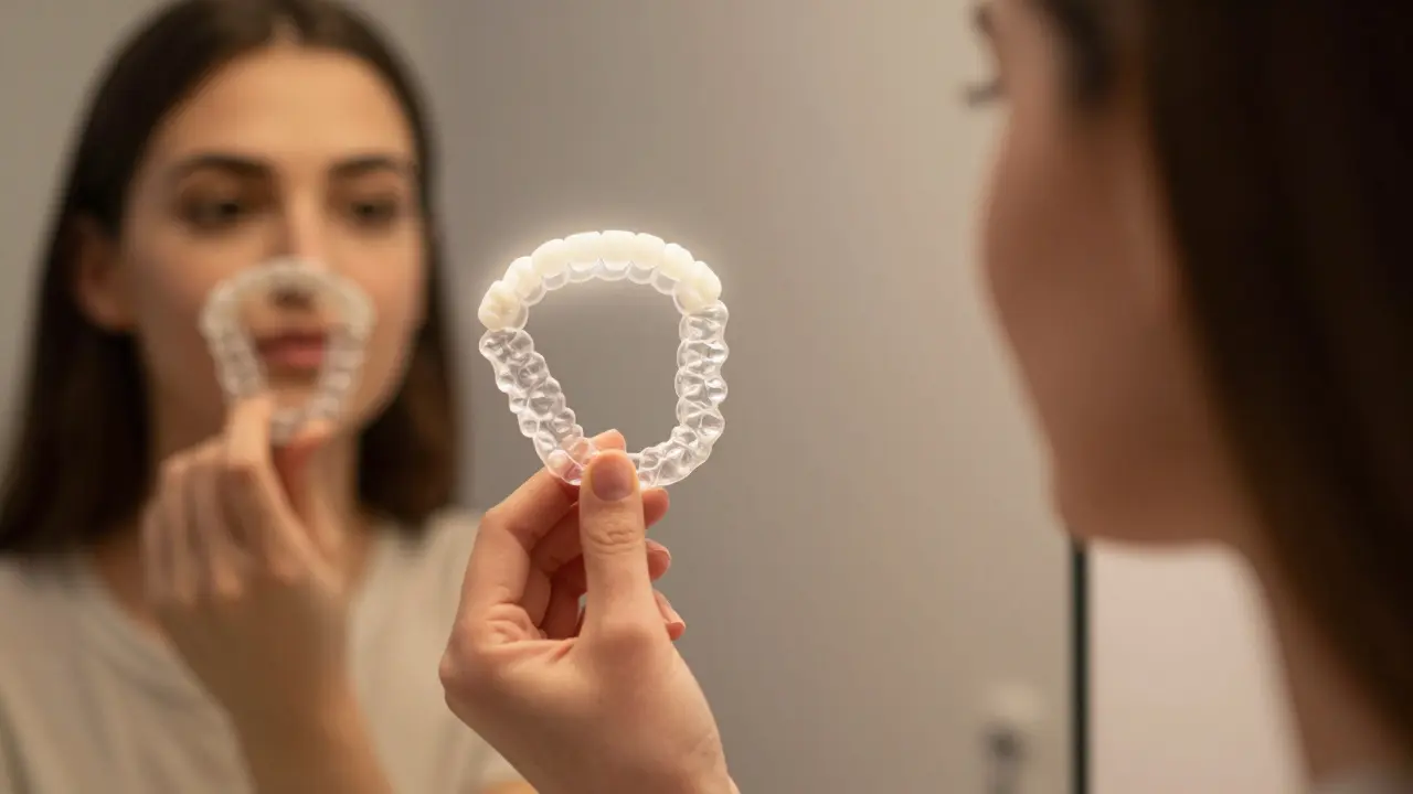 Osoba se dívá do zrcadla, kde je vidět přechod od špatně zarovnaných k dokonalým zubům.