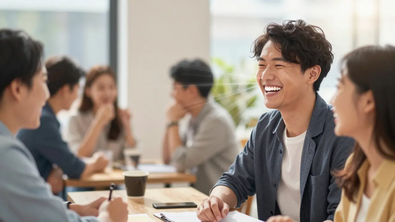 Osoba se směje v společnosti, její bílé zuby září a připomínají přerušení sebevědomí.