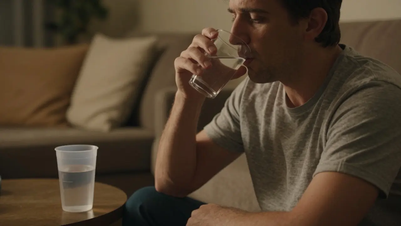 Pacient se pečlivě vyplachuje ústa antiseptikem doma po zákroku.