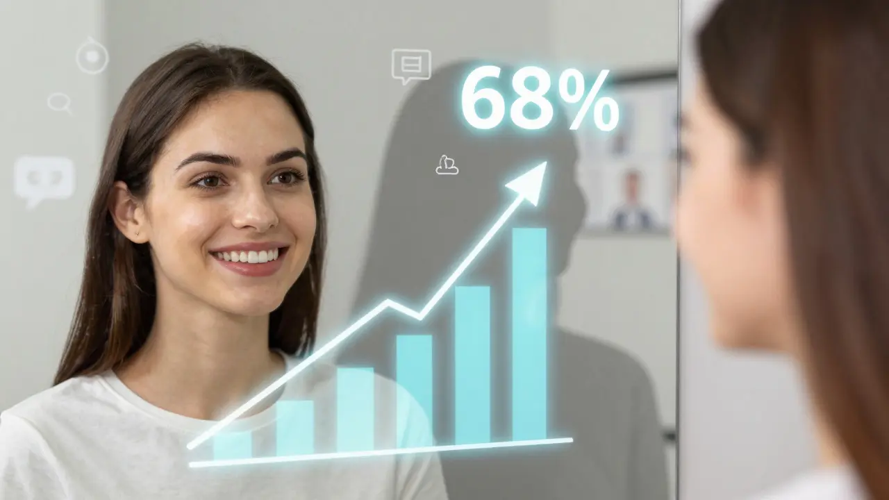 Person smiling in mirror with glowing graph behind showing rising demand