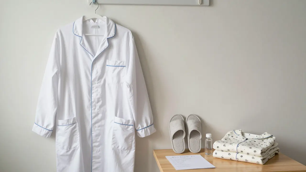 Pohodlné pyžamo a potřeby pro zubní pohotovost na stole vedle vody a přehledu léků.