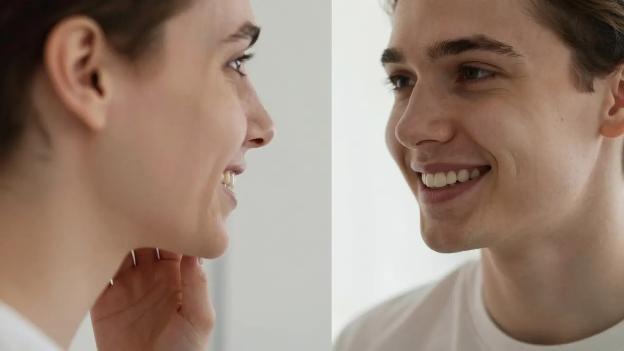 Porovnání před a po léčbě předku: jedna strana obličeje s výčnělkem čelisti, druhá s vyrovnáním zubů a sebedůvěrou.