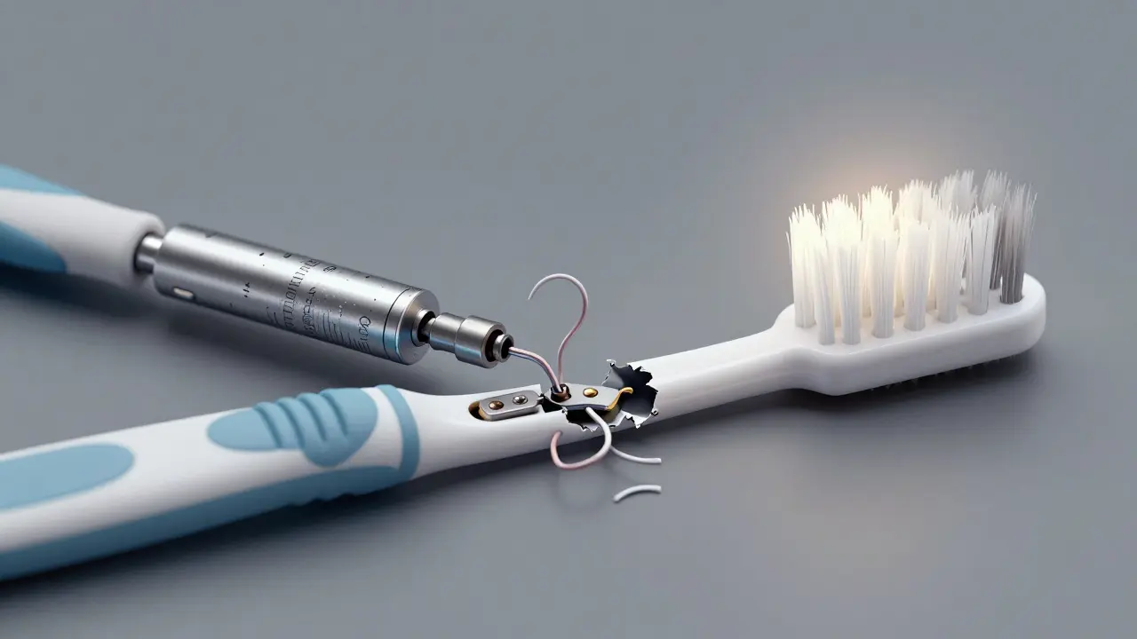 Poškozený vnitřek sonického kartáčku proti nové originální hlavičce — porovnání špatného a správného používání.