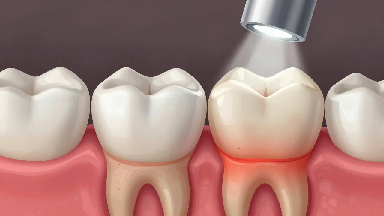 Přehled zubu s příliš vysokou kompozitní plombou a zánětem v kosti kolem kořene.