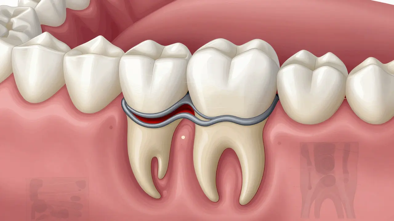 Průřez zubu pod můstkem s viditelným kariesem a mezí mezi cementem a zubem.