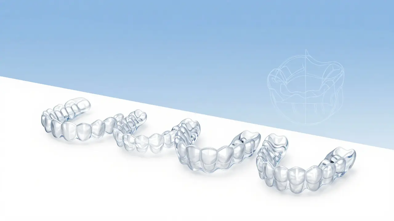 Řada průhledných rovnátek uspořádaných podle postupného posunu zubů.