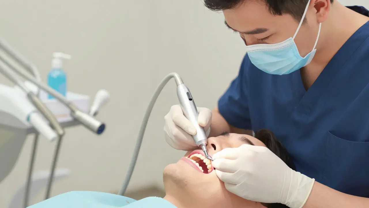 Stomatolog provádí parodontální čistku ultrazvukovým nástrojem pod dásní.