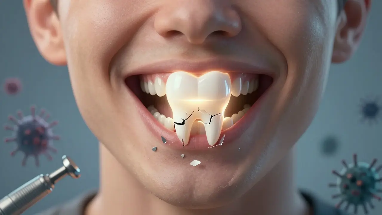 Symbolický obraz zdravého zubu, který nahrazuje poškozený, s významem prevence a léčby.