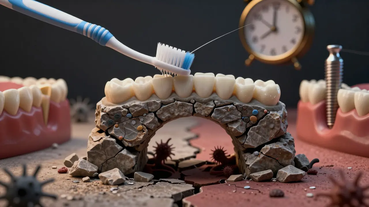 Symbolický obraz zranitelného zubního můstku s příznaky rozpadu a ochrannými nástroji.