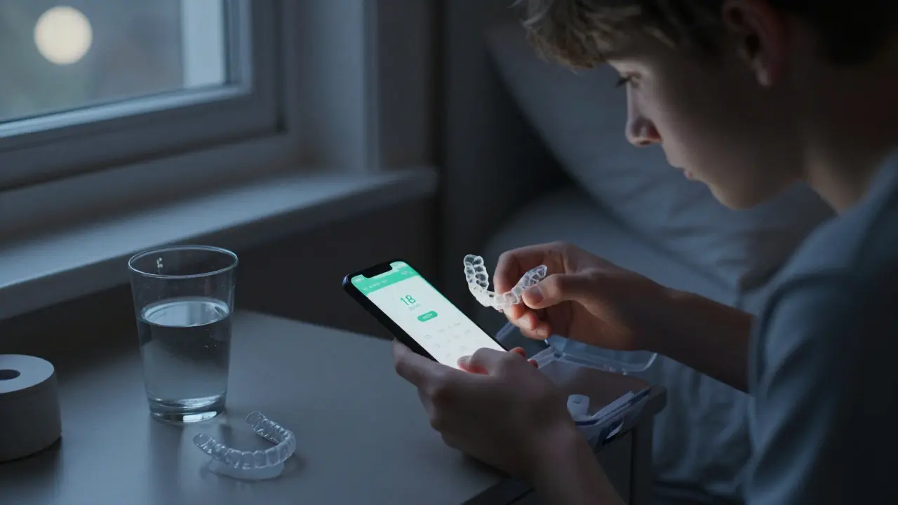 Teenager ukládá rovnátka do příslušenství večer, zatímco na stole leží uchovávací zařízení.