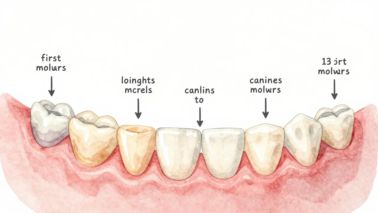 Vizualizace postupného vývoje trvalých zubů u dítěte od 6 do 13 let.