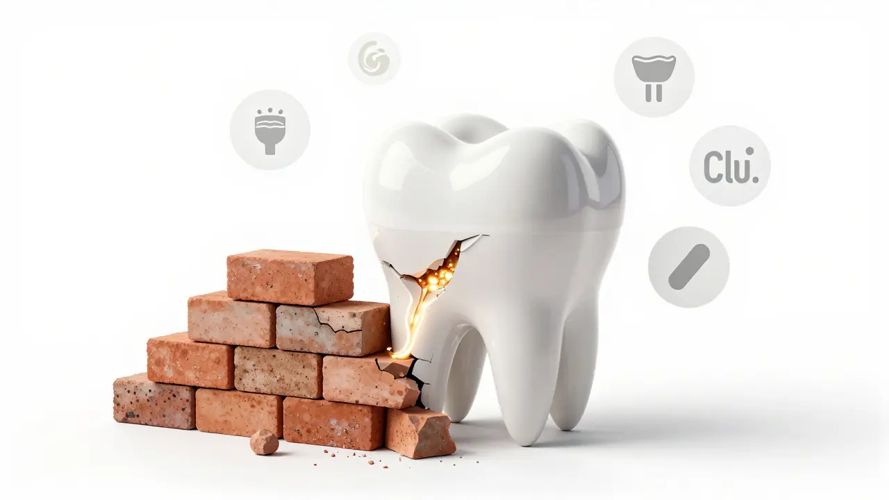 Zub jako stavba, která je po opravě ochrannou vrstvou top dressing.