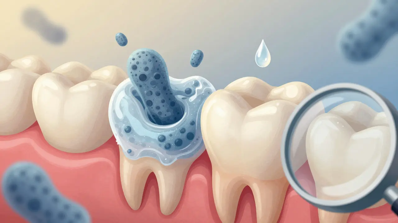 Zub pod mikroskopem s fluoridovou ochrannou vrstvou a kyselými kapkami, které se snaží poškodit sklovinku