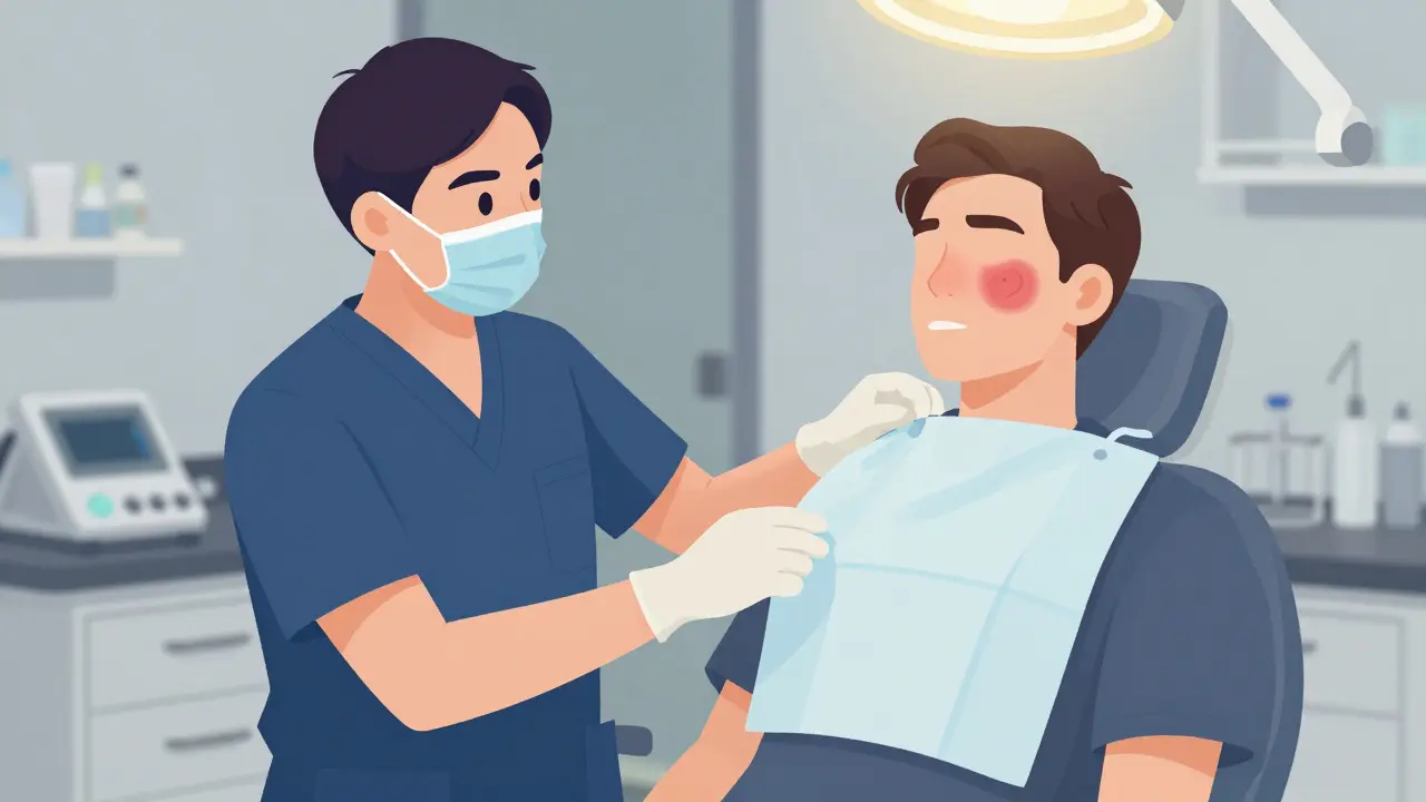 Zubní technik nabízí jednorázové pyžamo pacientovi s otokem na tváři.