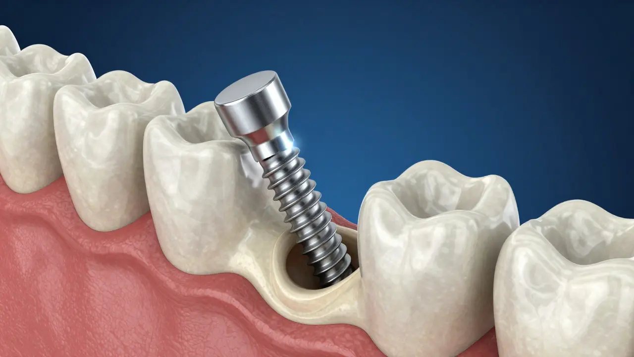 3D vizualizace procesu srostání titanového implantátu s kostí čelisti.