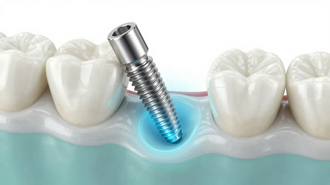 3D vizualizace zubního implantátu v čelistní kosti během procesu hojení.