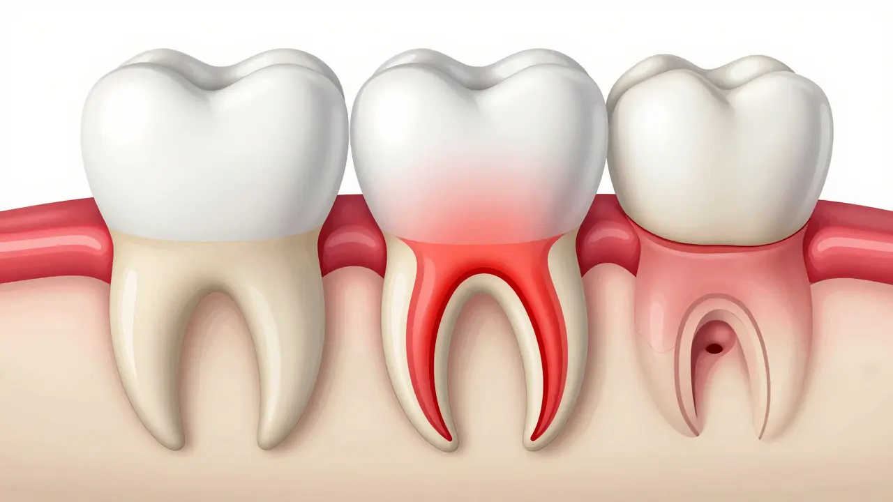 Anatomická ilustrace zubu znázornující postup infekce od kazu až po zánět kořene.