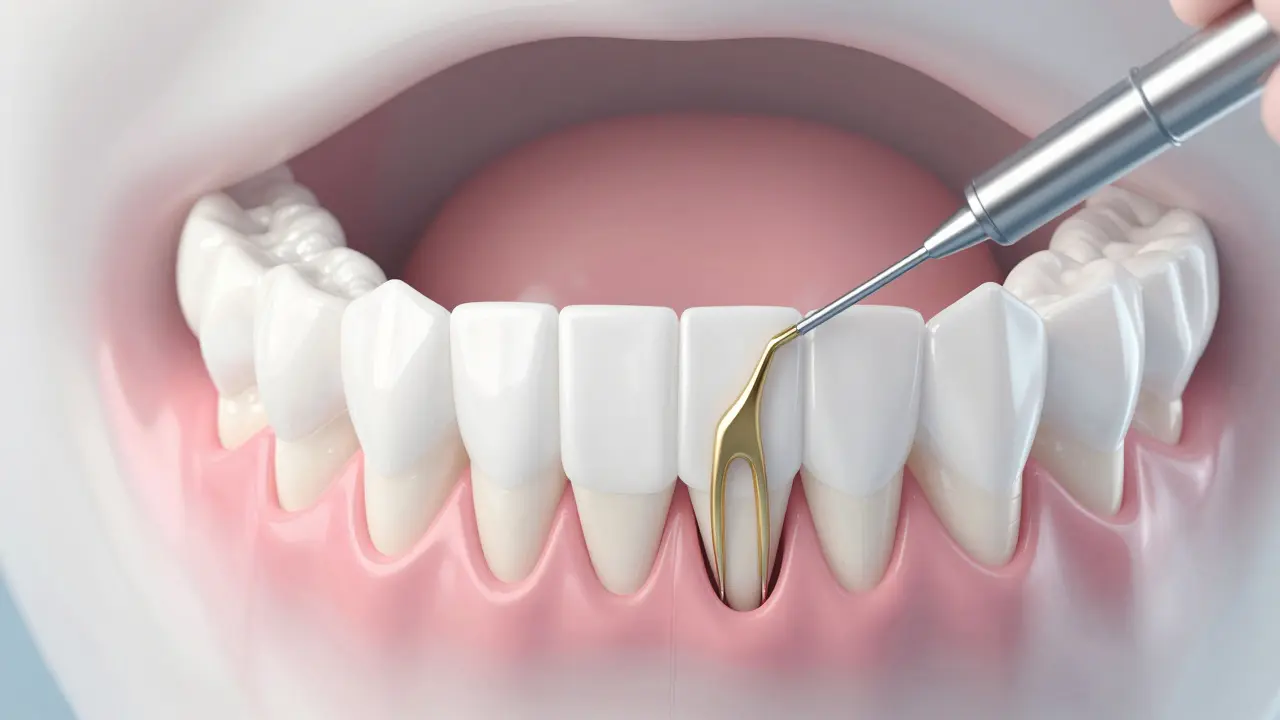 Anatomický pohled na retencovaný zub v čelistní kosti.