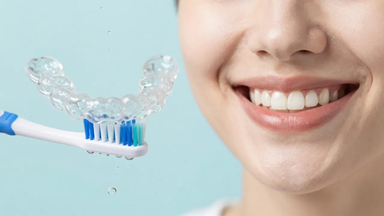 Čištění transparentního aligneru a detail úsměvu s rovnými zuby.