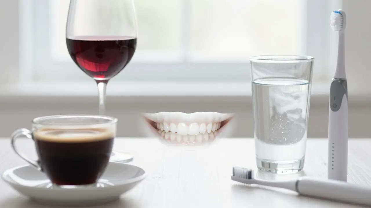 Čistý úsměv v doprovodu elektrického kartáče a sklenice čisté vody.