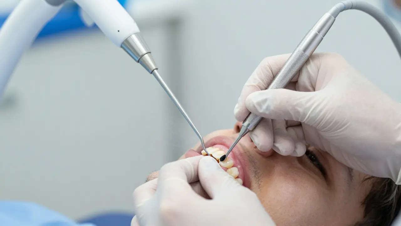 Dentální hygienistka odstraňuje zubní kámen z hloubi dásně pomocí speciálního nástroje.