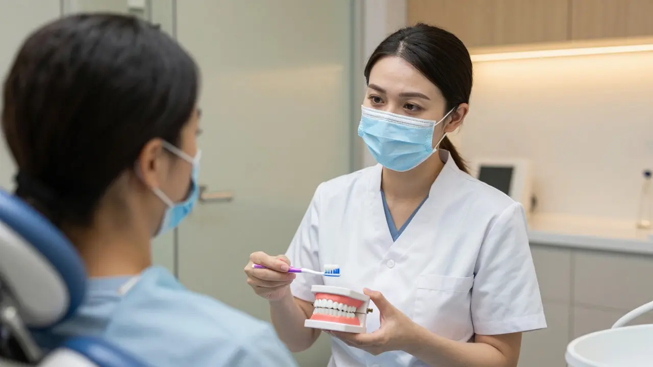 Dentální hygienistka vysvětlující pacientovi správnou techniku čištění zubů na modelu.