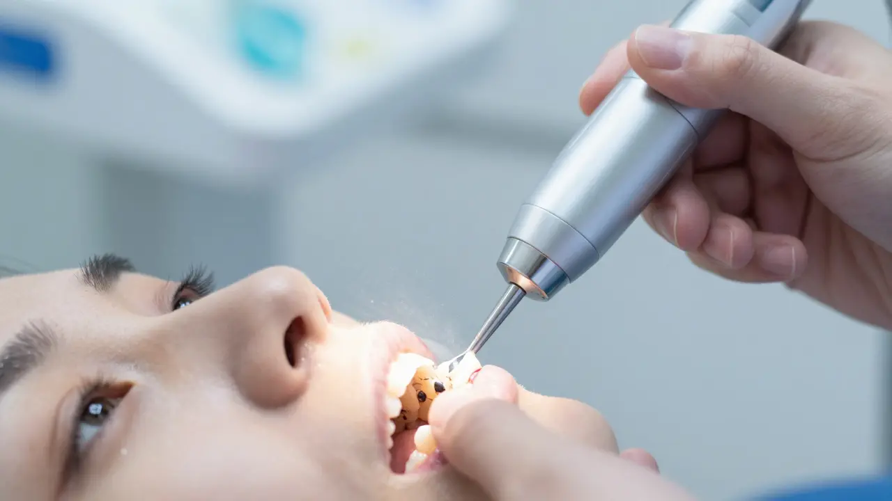 Detail profesionálního ultrazvukového čištění zubů u zubní hygieničky.