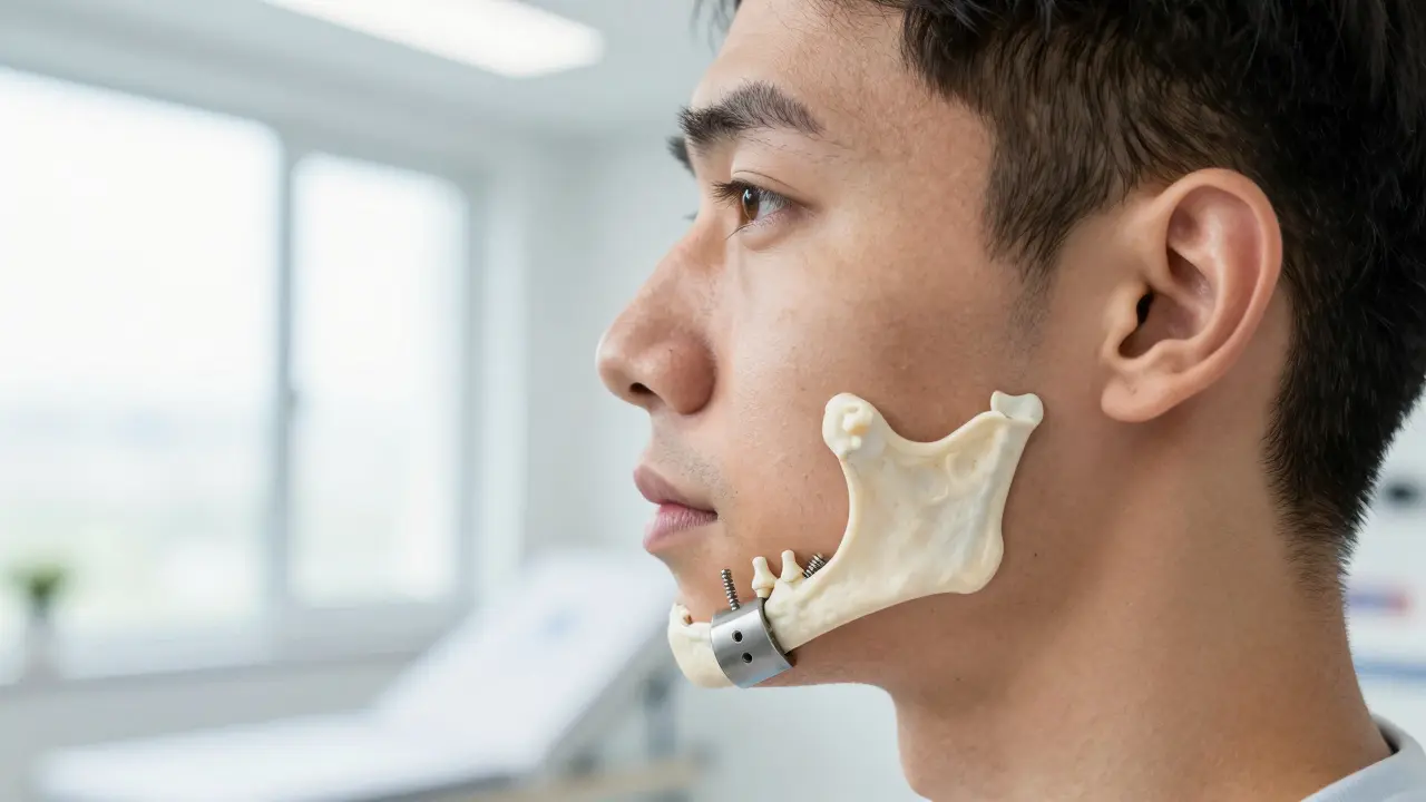 Detail rekonstrukce čelisti s titanovými implantáty.