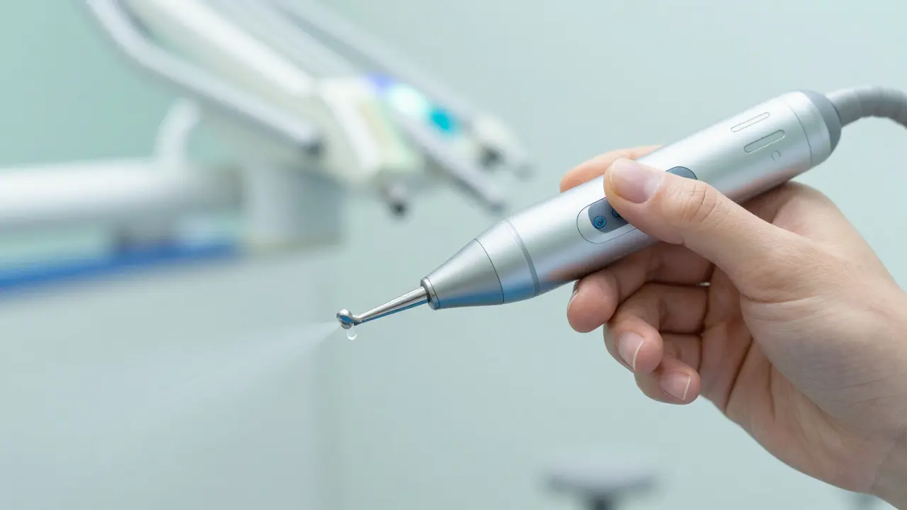 Detail ruky hygienistky s moderním ultrasonickým čističem zubů v klinickém prostředí.