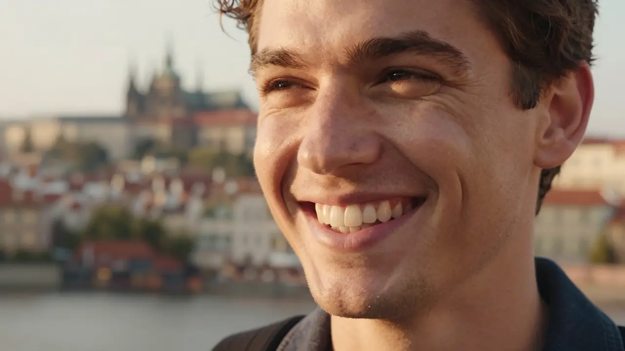 Detail úsměvu sebevědomeho člověka s přirozeně bílými zuby v městském prostředí.