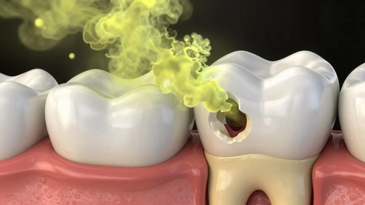 Detailní průřez zubu znázornující proces vznikajícího kazu a eroze skloviny.