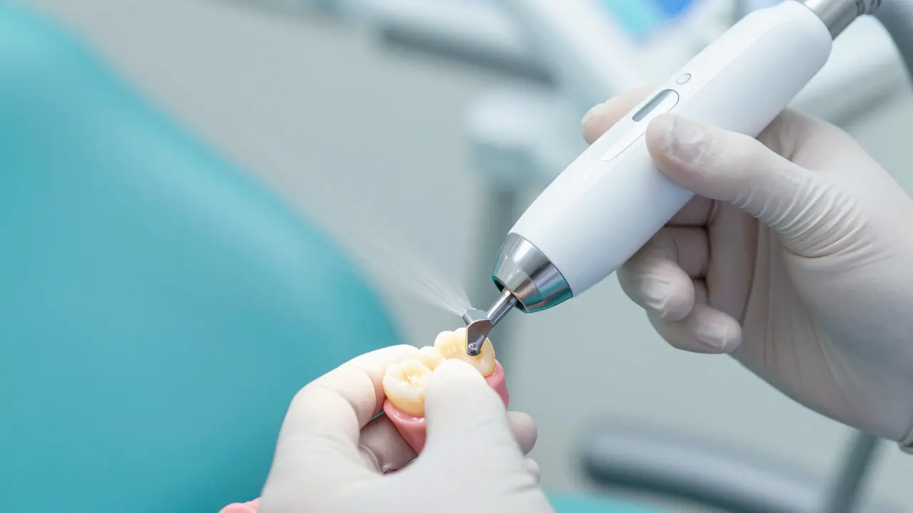 Detailní záběr na ultrazvukové čištění zubů během profesionální dentální hygieny.