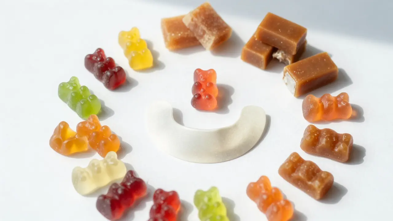 Kolekce lepkavých bonbonů a karamelů, kterých je s provizorní plombou vyhnout se.