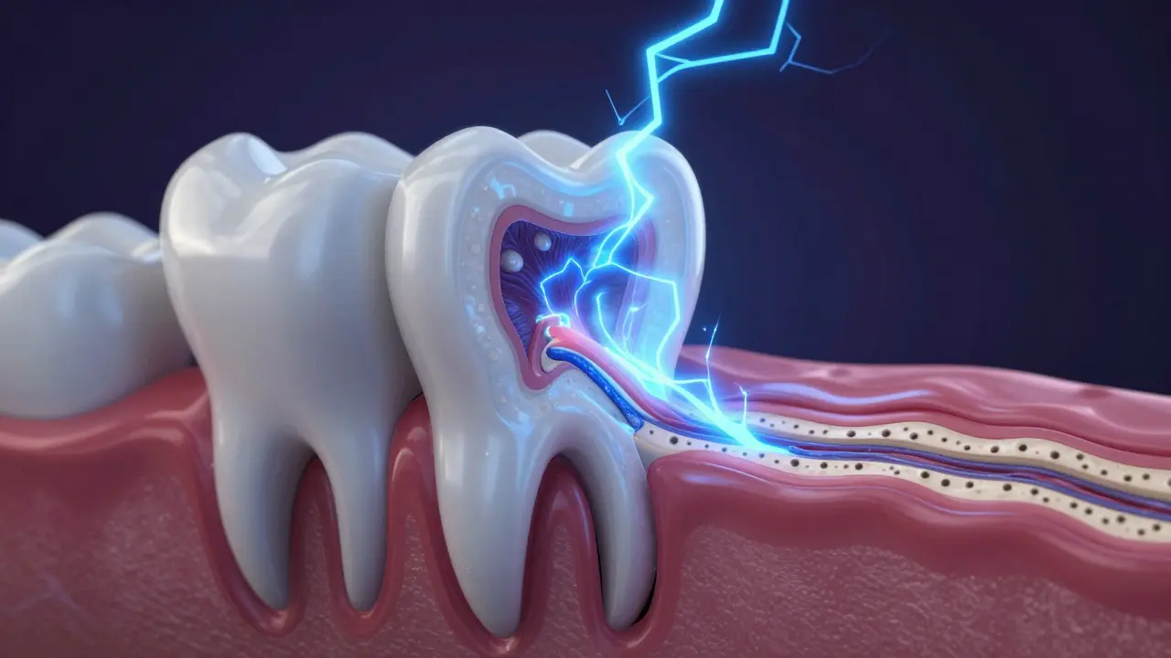 Konceptuální ilustrace citlivosti zubů s elektrickými výboji pronikajícími sklovinu.