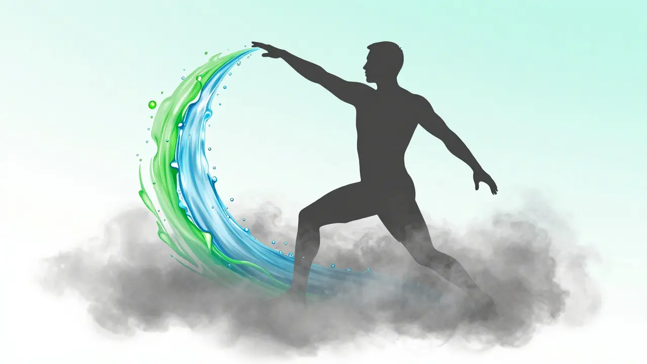 Konceptuální ilustrace vyčišťování lidského těla od toxinů proudem vody.