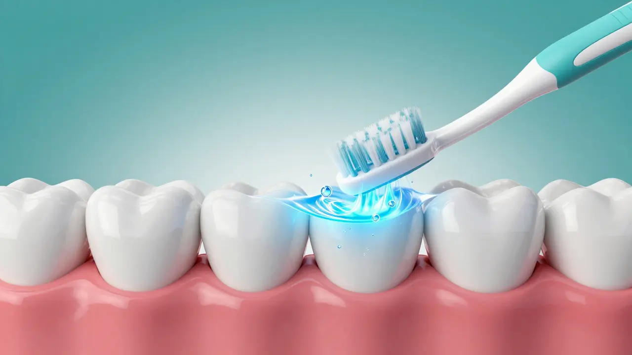 Konceptuální znázornení správného úhlu čištění dásní sonickým kartáčkem.