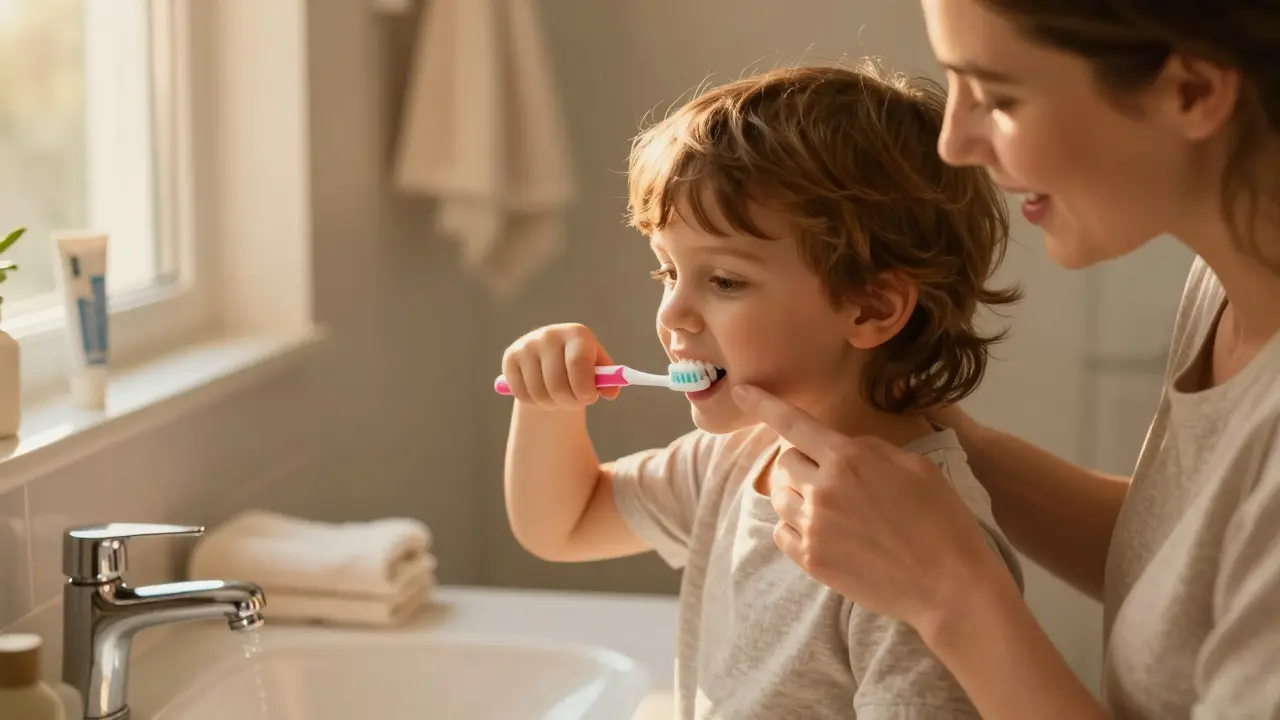 Maminka pomáhá dítěti s kartáčováním zubů ve světlé koupelně.